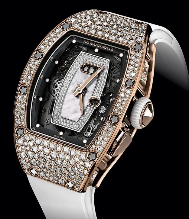 Richard Mille RM037 Rose Gold diamond Women White Rubber Watch Replica
